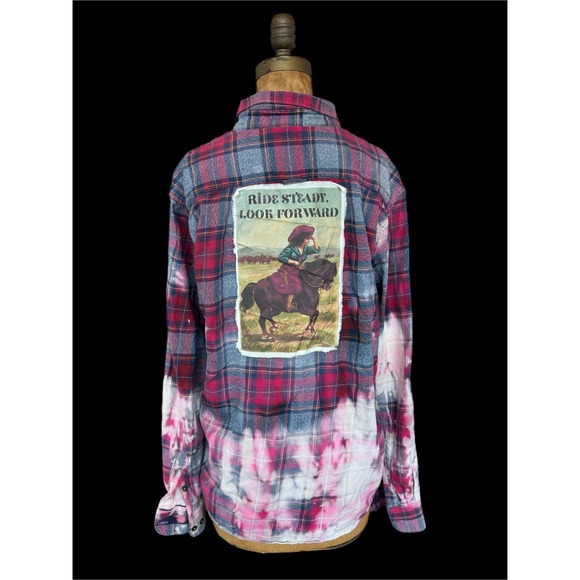 Denim & Flower Tops - Upcycled Plaid Flannel Horse Rider Patch Bleach Dye Folk Art Shirt Large